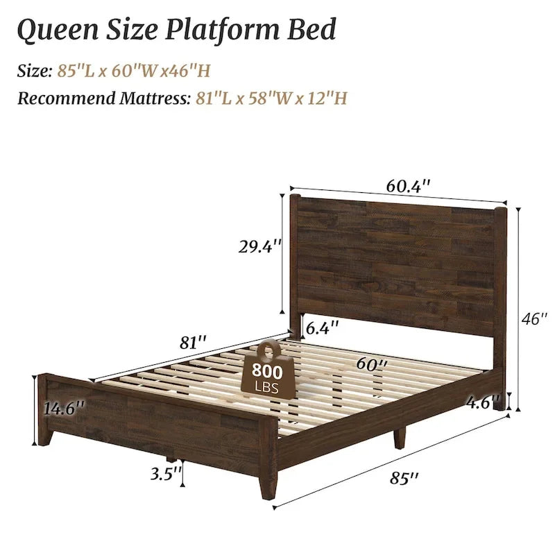 Pine Platform Bed with Distressed Headboard, Solid Wood Queen/King/Full Bed Frame