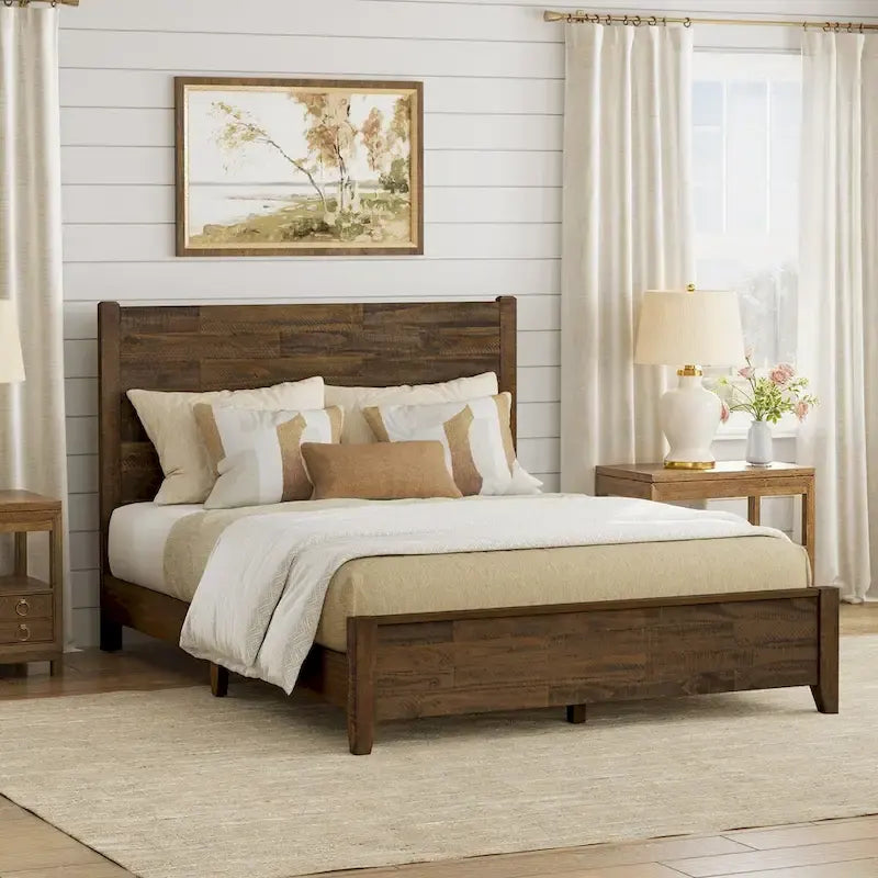 Pine Platform Bed with Distressed Headboard, Solid Wood Queen/King/Full Bed Frame