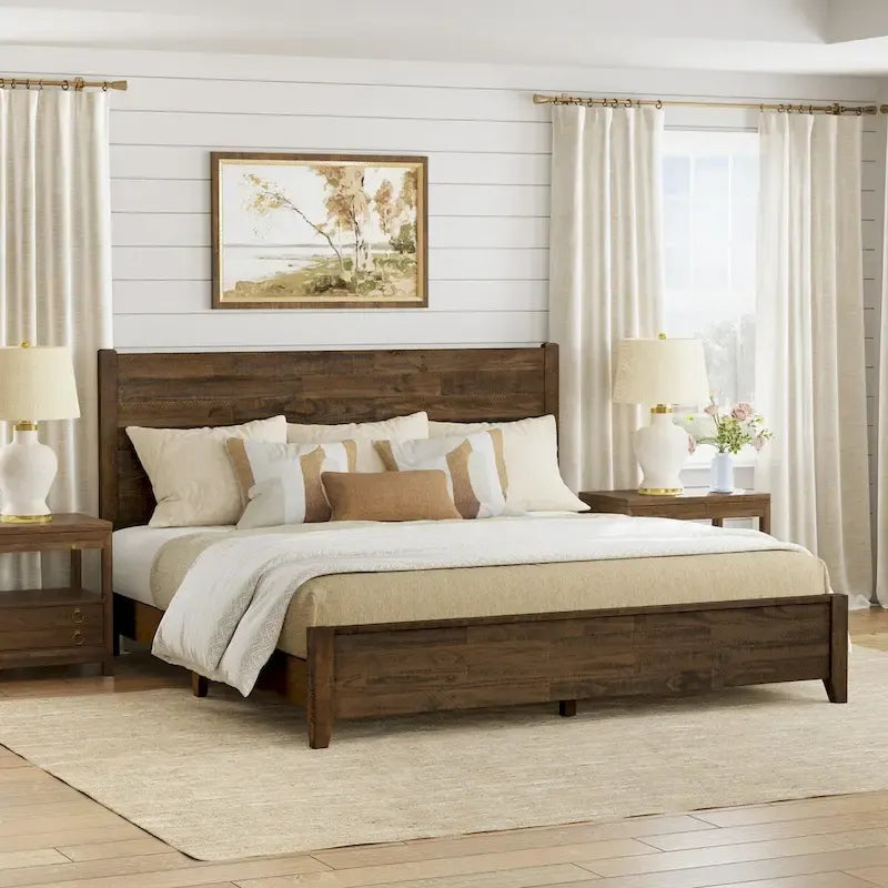 Pine Platform Bed with Distressed Headboard, Solid Wood Queen/King/Full Bed Frame