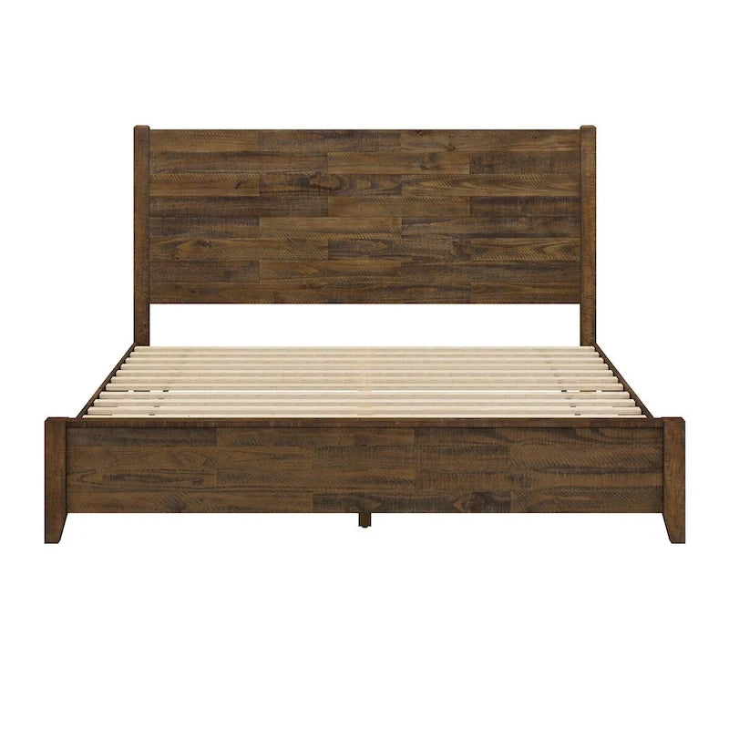 Pine Platform Bed with Distressed Headboard, Solid Wood Queen/King/Full Bed Frame