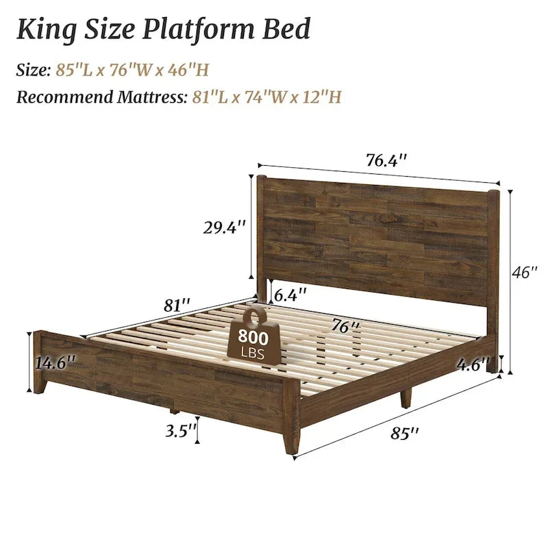 Pine Platform Bed with Distressed Headboard, Solid Wood Queen/King/Full Bed Frame