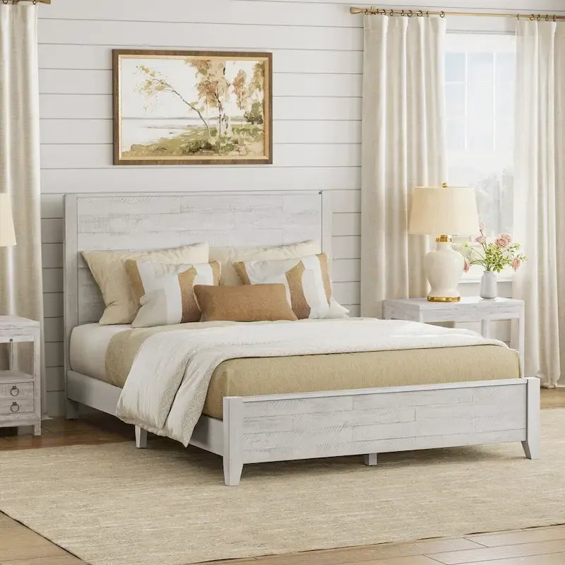 Pine Platform Bed with Distressed Headboard, Solid Wood Queen/King/Full Bed Frame