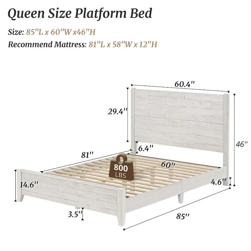 Pine Platform Bed with Distressed Headboard, Solid Wood Queen/King/Full Bed Frame