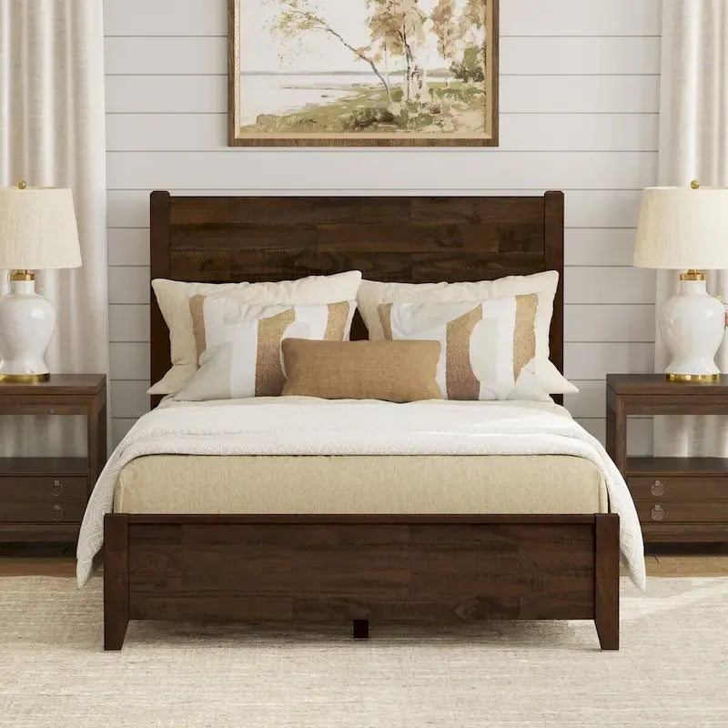 Pine Platform Bed with Distressed Headboard, Solid Wood Queen/King/Full Bed Frame