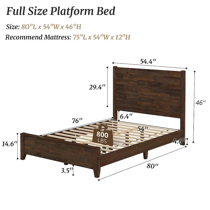 Pine Platform Bed with Distressed Headboard, Solid Wood Queen/King/Full Bed Frame