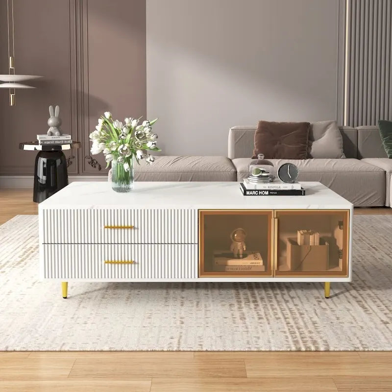 Modern Coffee Table with 2 Glass Door Storage, 4 Drawers, Gold Metal Legs and Color Lighting