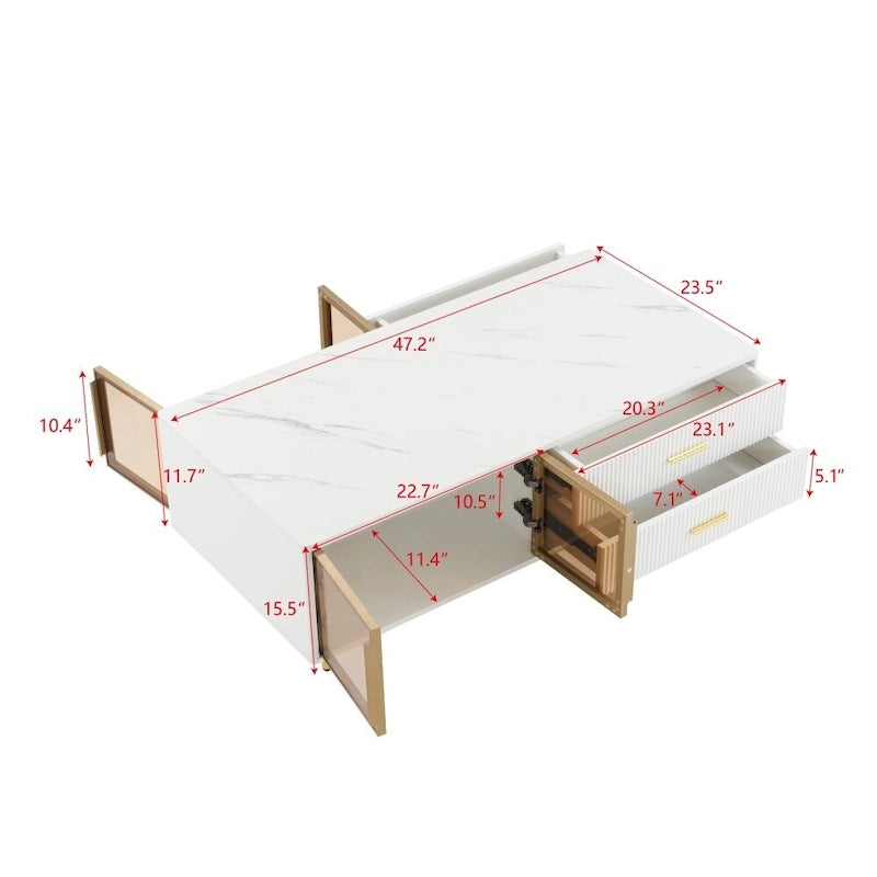 Modern Coffee Table with 2 Glass Door Storage, 4 Drawers, Gold Metal Legs and Color Lighting