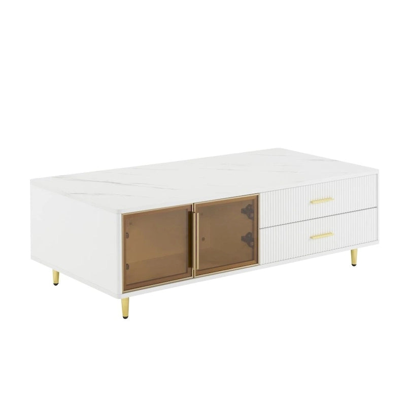 Modern Coffee Table with 2 Glass Door Storage, 4 Drawers, Gold Metal Legs and Color Lighting