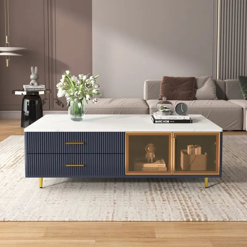 Modern Coffee Table with 2 Glass Door Storage, 4 Drawers, Gold Metal Legs and Color Lighting