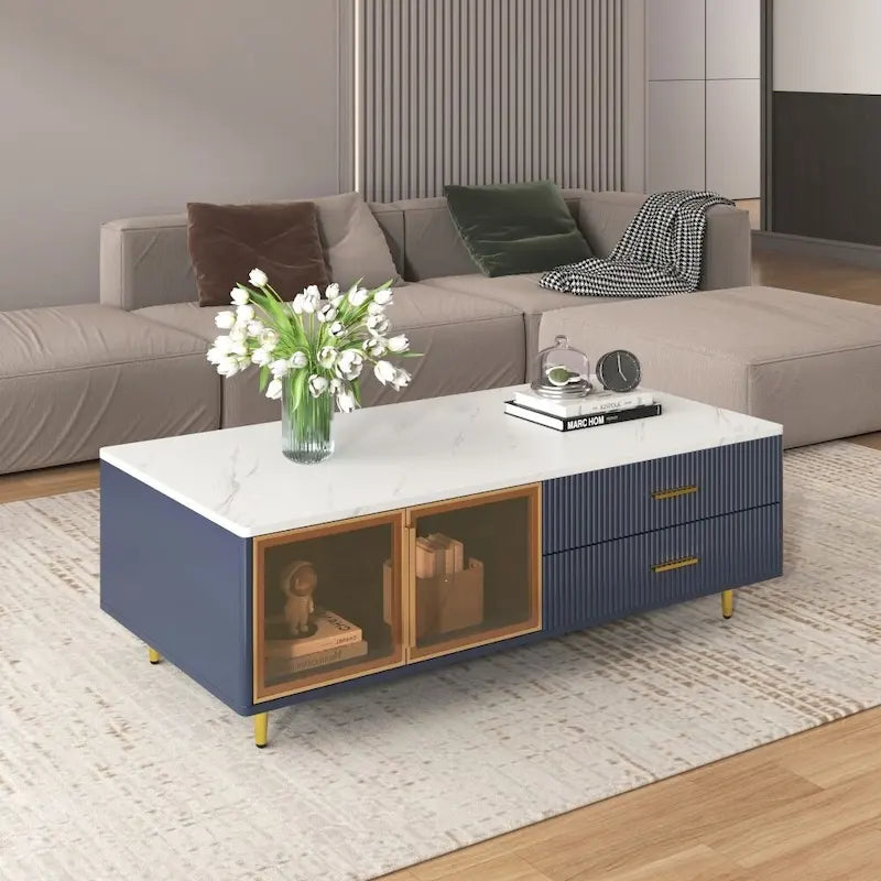 Modern Coffee Table with 2 Glass Door Storage, 4 Drawers, Gold Metal Legs and Color Lighting
