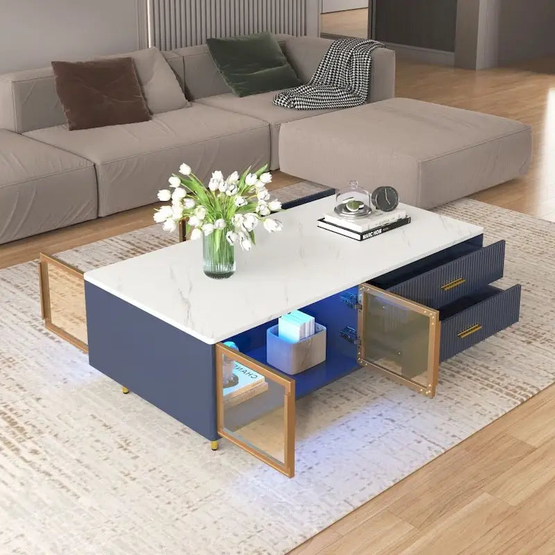 Modern Coffee Table with 2 Glass Door Storage, 4 Drawers, Gold Metal Legs and Color Lighting