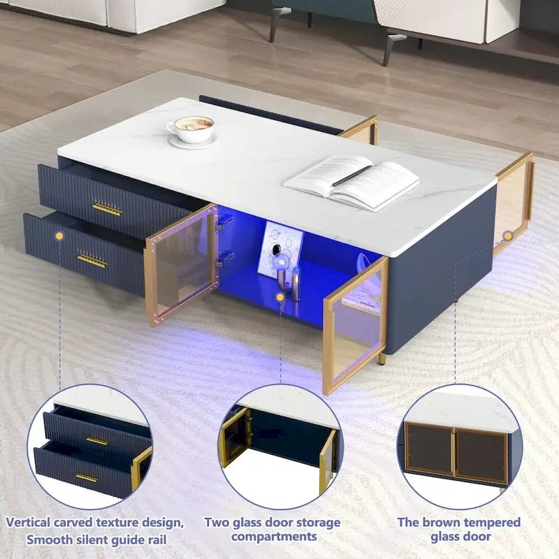 Modern Coffee Table with 2 Glass Door Storage, 4 Drawers, Gold Metal Legs and Color Lighting
