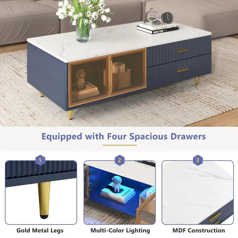Modern Coffee Table with 2 Glass Door Storage, 4 Drawers, Gold Metal Legs and Color Lighting