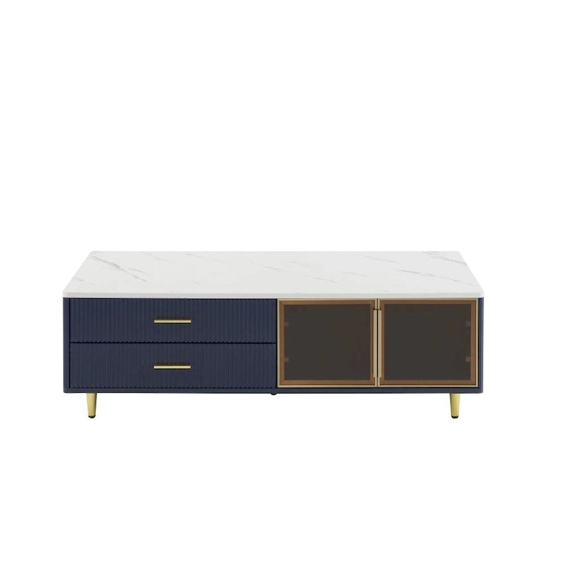 Modern Coffee Table with 2 Glass Door Storage, 4 Drawers, Gold Metal Legs and Color Lighting
