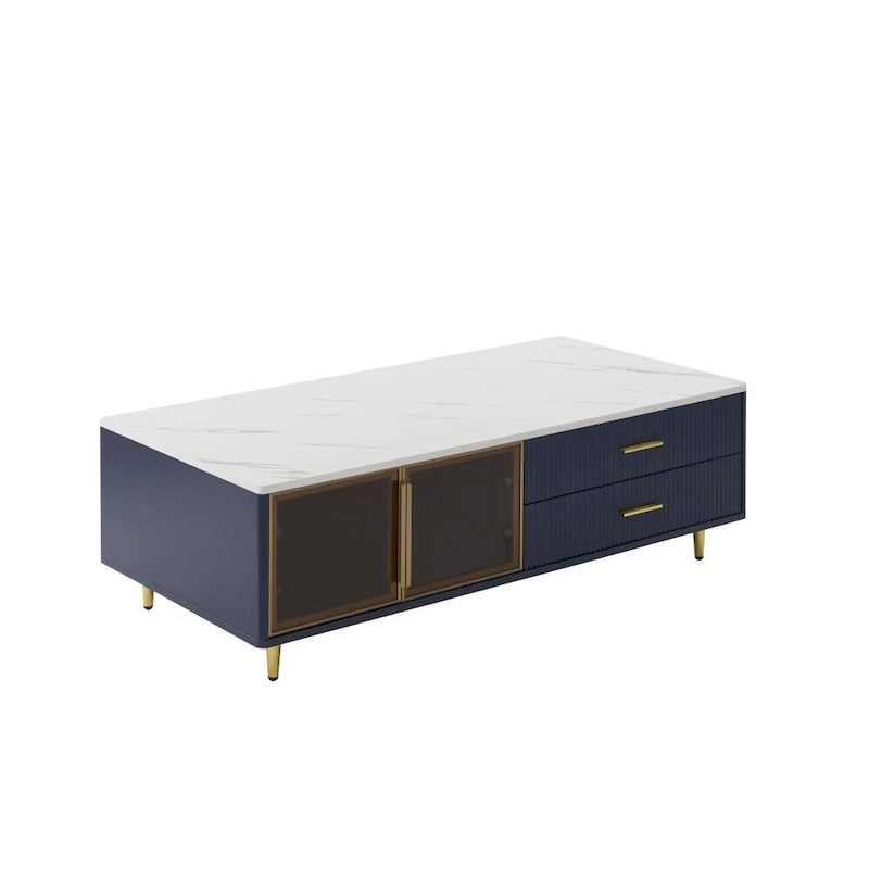 Modern Coffee Table with 2 Glass Door Storage, 4 Drawers, Gold Metal Legs and Color Lighting