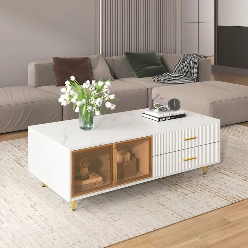 Modern Coffee Table with 2 Glass Door Storage, 4 Drawers, Gold Metal Legs and Color Lighting