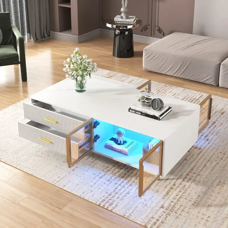 Modern Coffee Table with 2 Glass Door Storage, 4 Drawers, Gold Metal Legs and Color Lighting