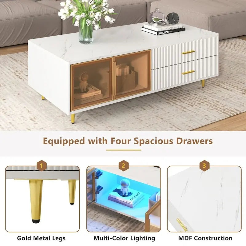 Modern Coffee Table with 2 Glass Door Storage, 4 Drawers, Gold Metal Legs and Color Lighting