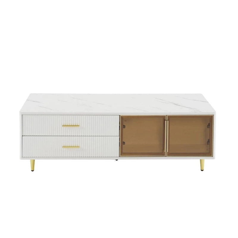 Modern Coffee Table with 2 Glass Door Storage, 4 Drawers, Gold Metal Legs and Color Lighting